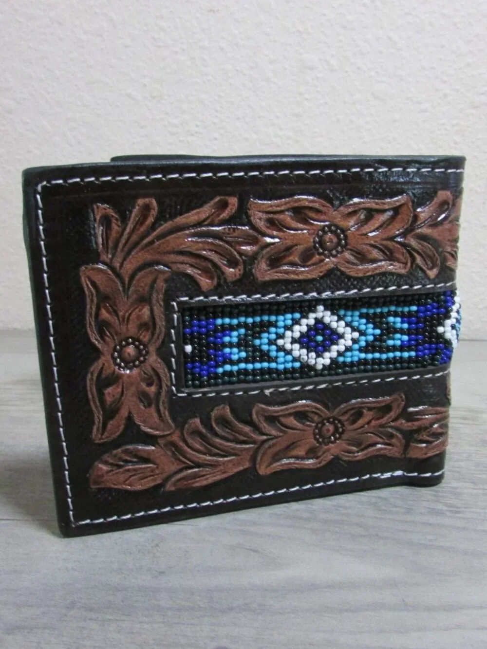 Leather Tooled & Aztec Beaded Men's Bifold Wallet - Blue